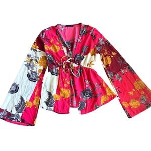 Boho Floral Bell Sleeve Tie Front V-Neck patchwork blouse Top S y2k festival